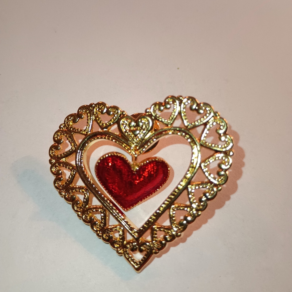 Gold Heart Brooch with Red Accent
